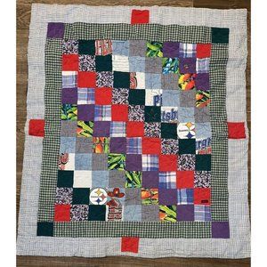 Vintage Patchwork Lap Quilt 1970's STEELERS IZOD Stars Squares 44X39 Blanket